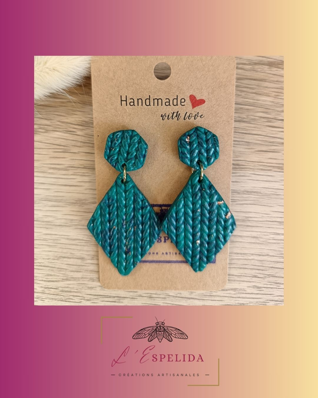 Losanges en laine bleus verts et doré