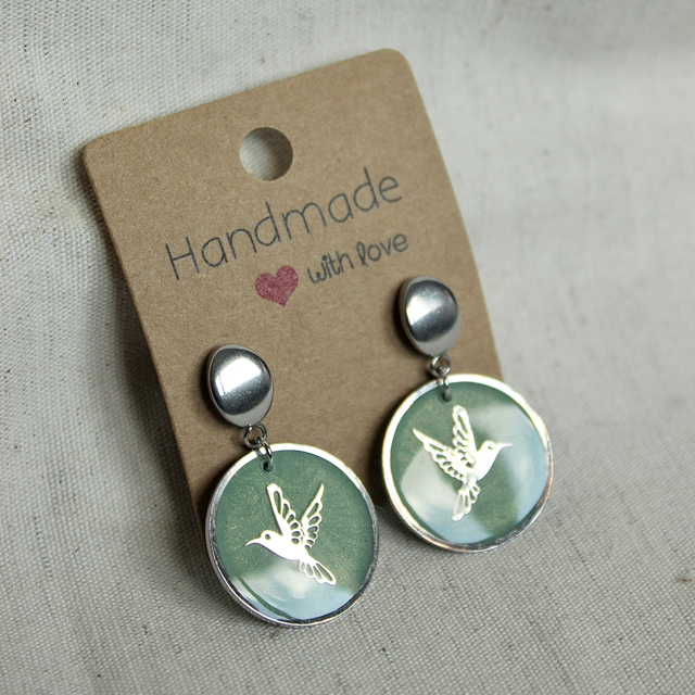 Boucles d’oreilles pendantes Colibri vert nacré – Argenté - Pièce unique
