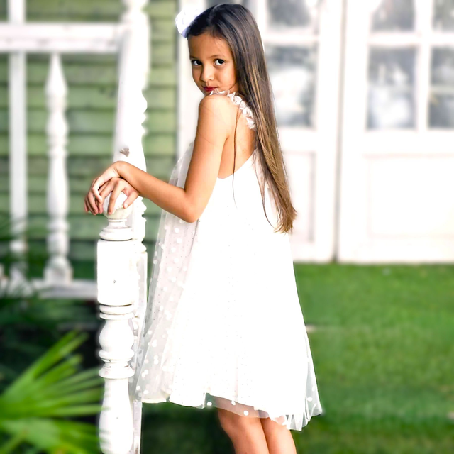 Robe de cérémonie bohème fille  tulle blanche, or | ALIZEE