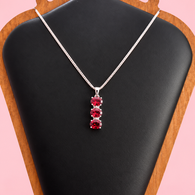 Sterling Silver &amp; Garnet Pendant With Curb Link Chain