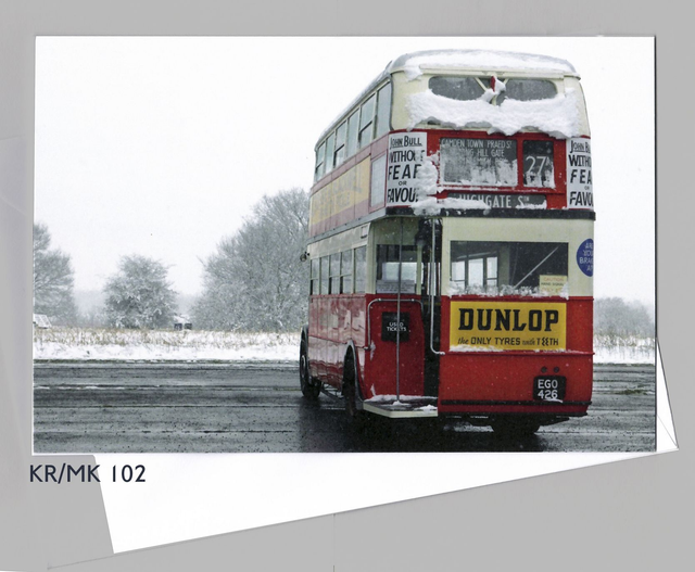 Lone 1930s London Bus in Snow.    Christmas /Seasonal Notelet card.  Blank inside   7.5&quot; x 5&#039;. Matt Finish with Envelope