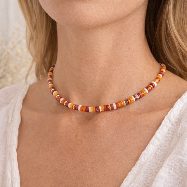 Collier ras du cou en Jaspe rouge, ambre & plaqué or