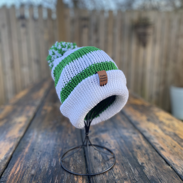 💚 Funky Chunky Bobble hat – Emerald &amp; Snow White - Handmade in Scotland