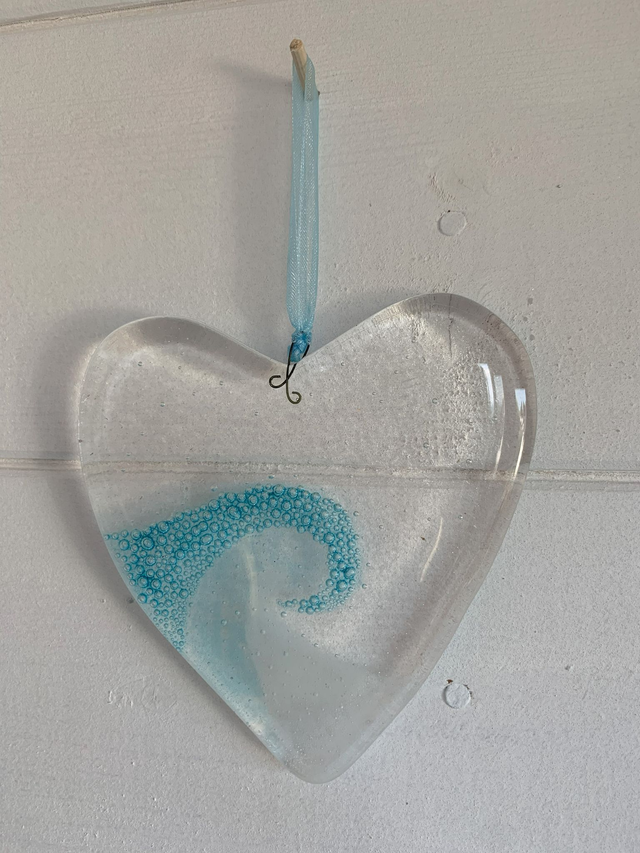 Wave Heart Suncatcher Gift Full Fused Glass approx. 9cm