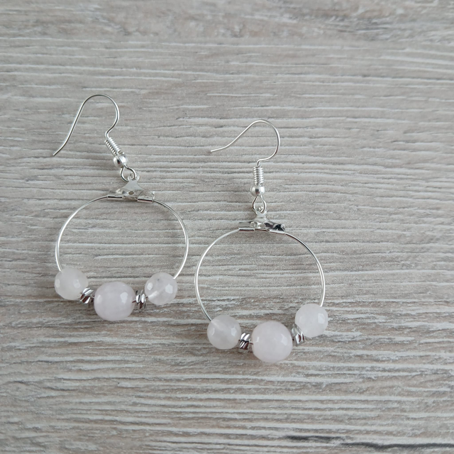 Damesoorbellen Rozenkwarts – RVS Creolen met Facetgeslepen Kralen (1.215)