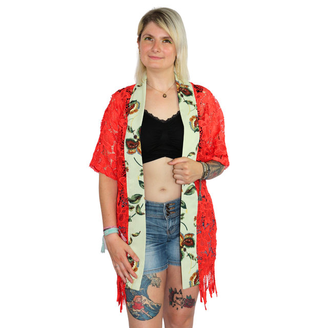 Kimono Unique en Dentelle Rouge Orange Corail Festival Taille Unique