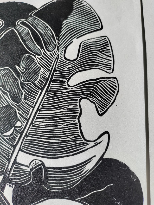 linogravure grande plante à escargots, format A3