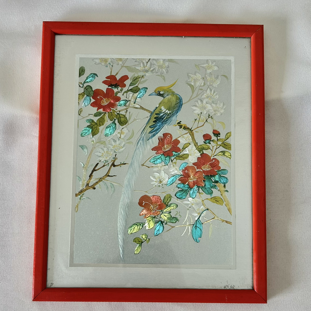 The 'Chinoiserie Bird' Vintage 1970s Chinese Foil Art – Shimmering Bird of Paradise Metallic Picture