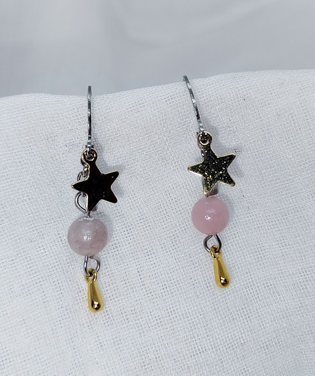Dormeuses d'oreilles et pendentif "étoile dorée" en acier inoxydable, avec pierres naturelles (opale rose)