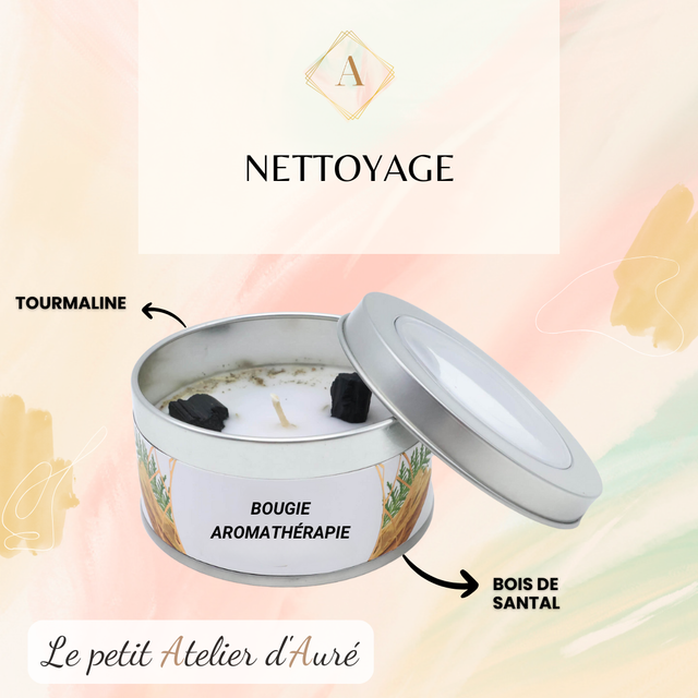 Bougie aromathérapie &quot;Nettoyage&quot; - Tourmaline Noire &amp; Bois de Santal