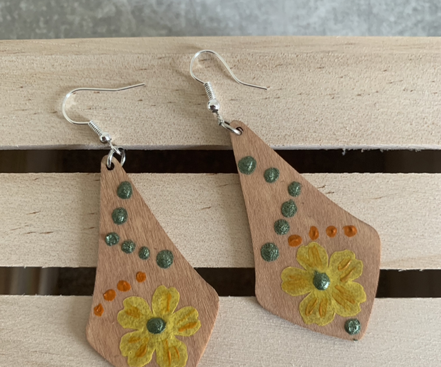 Wooden hand painted boho earrings. Lightweight. Inspired by nature
