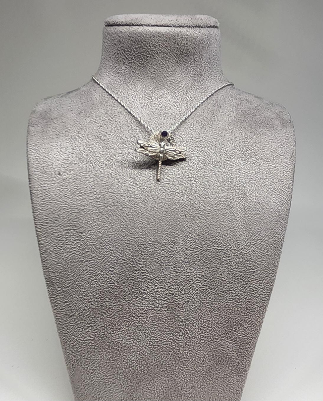 Dragonfly fine silver pendant with amethyst cubic zirconia
