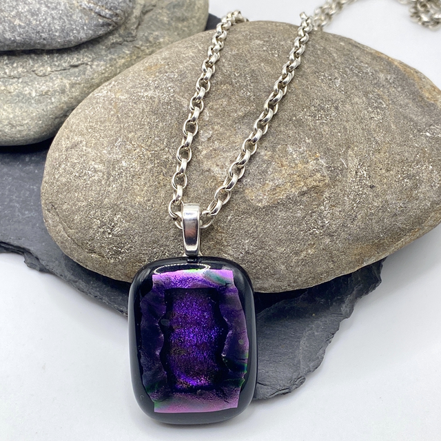 REFURBISHED Dichroic Glass Purple Pendant Necklace with 20" Belcher Sterling Silver Chain
