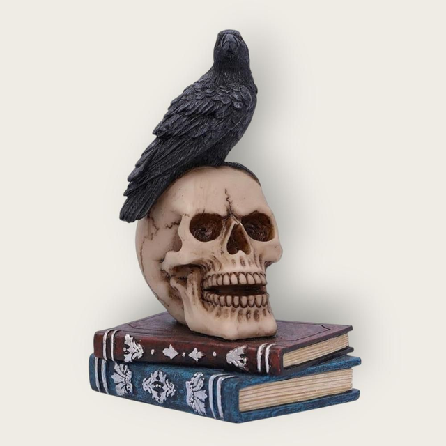 Crâne avec corbeau sur livres
