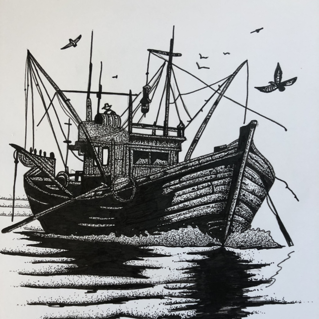 Bateau de pêche - 21 x 27 cm - encadrement noir &amp; bois 