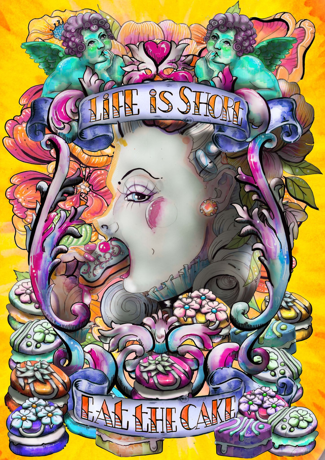 'Life is Short - Eat the cake!' A3 print on metallic gold 