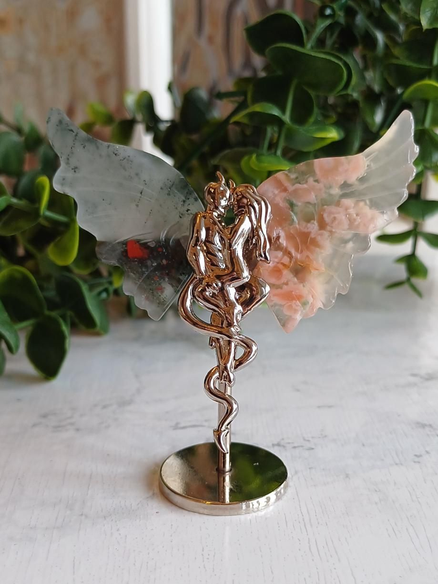 African Bloodstone &amp; Flower Agate Angel and Demon Lover Wings on Stand