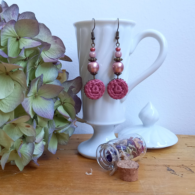 Parure bois de rose et bronze - Boucles d'oreille bois de rose pendantes