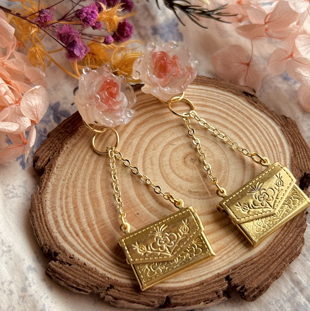 Dew Drop Roses and Love Letter Earrings - Pink and Gold - Valentine’s Day Collection