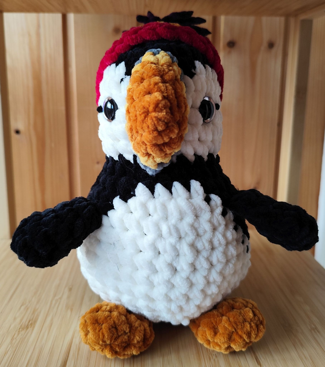 Pepper the puffin with Rainbow hat, extra large size (made from chenille yarn)