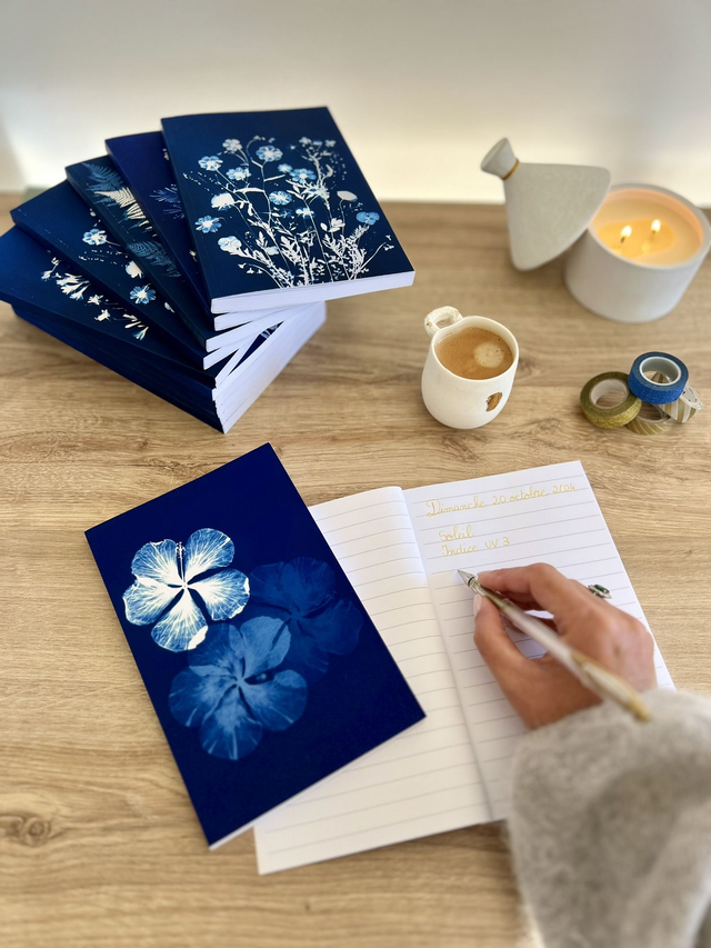 Carnet cyanotype "Trio d'hibiscus"