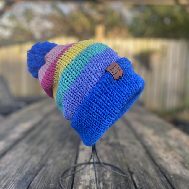 Funky Chunky beanies Bobble hat Retro Rainbow – Handmade in Scotland 