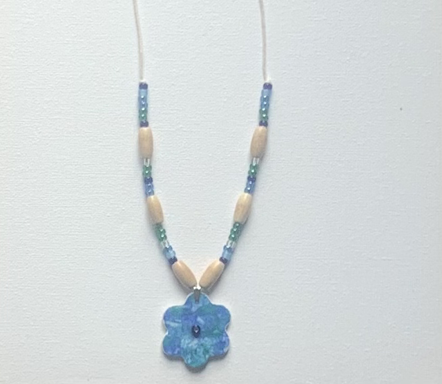 Air Dry Clay And Beaded Pendant. Blue Flower Design 
