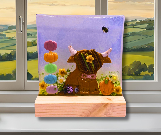 12.10.25 @ 10.30am.  Fused glass highland cow picture @ Unconditional Love, Cleckheaton
