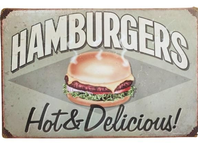 Plaque métal tôle épaisse grand format/ Hamburgers/ aspect vintage/ occasion T.B.E
