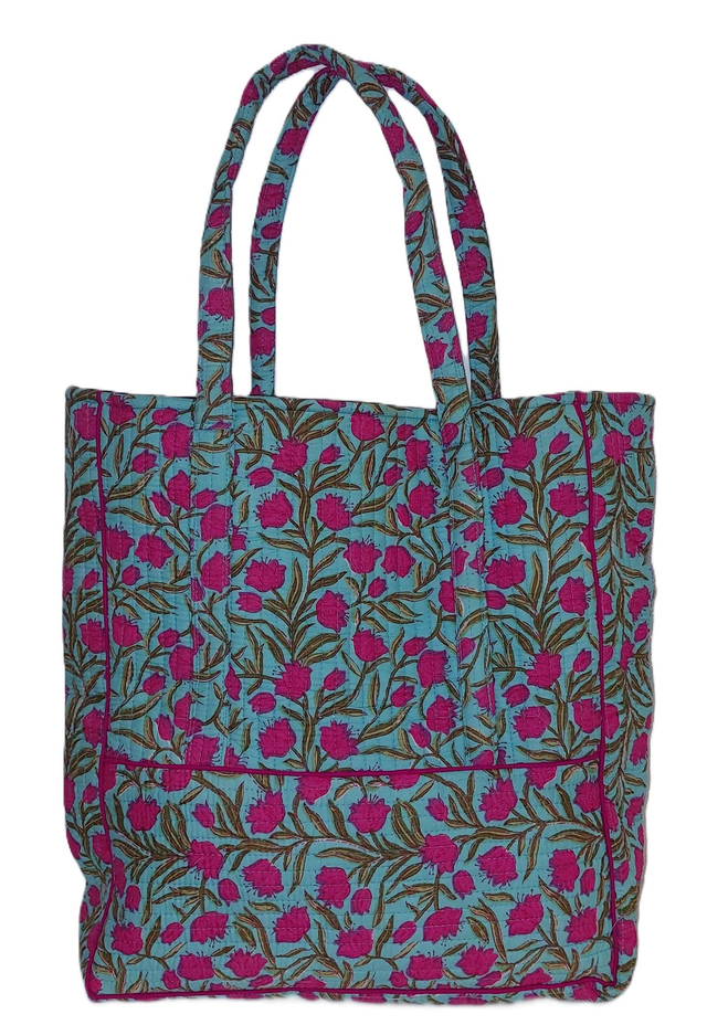 Sac cabas matelassé – Tote bag coton doublé fait main, pour ville, courses, plage ou quotidien - Rose, vert, bleu turquoise