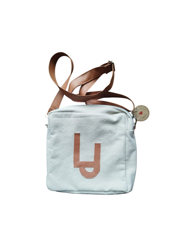 Sac besace en coton épais écru intérieur en liège et bandoulière en simili cuir marron