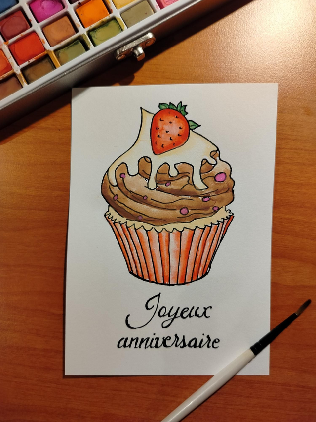 Carte d'anniversaire illustration cupcake à l'aquarelle 