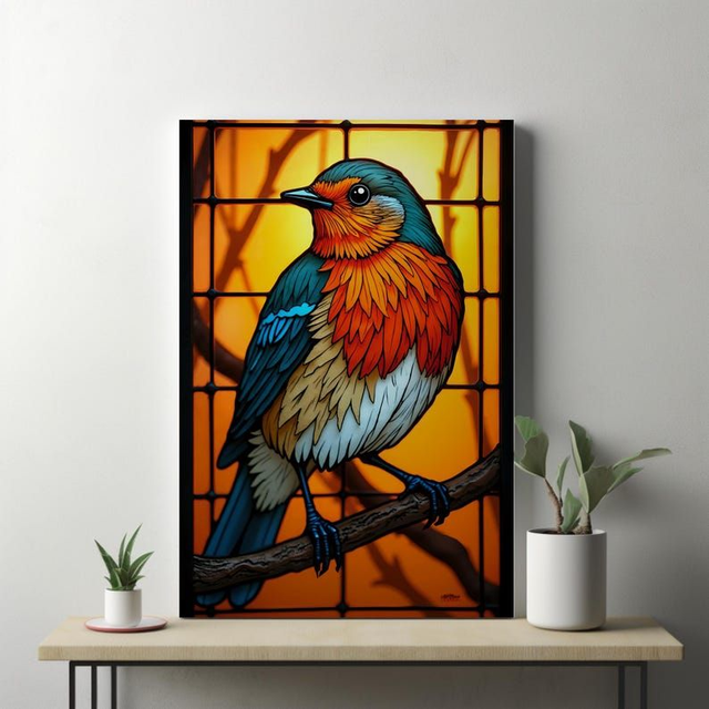 Tableau Rouge-Gorge Vitrail 🐦 | Oiseau Coloré – Décoration Murale Éclatante 🎨