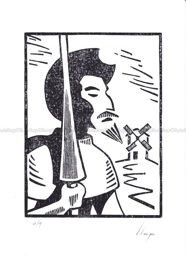 grabado original xilografia 30x21 - Quijote del confinamiento