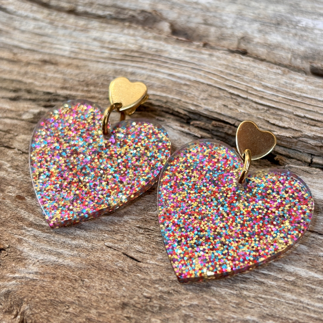 Boucles d’oreilles cœur pailleté multicolore - PM