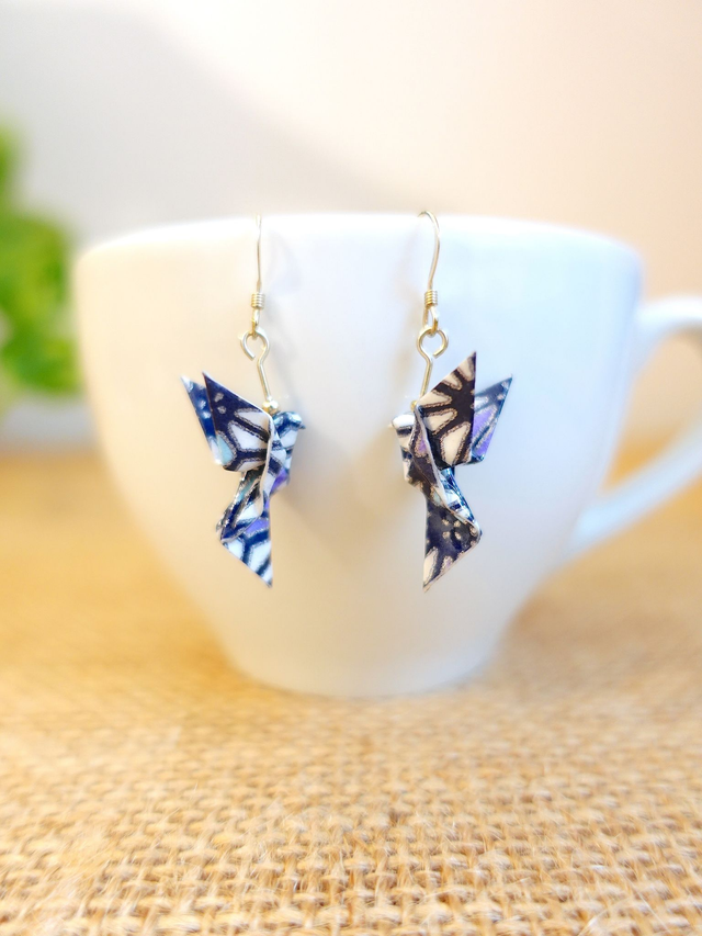Origami Colombe, oiseau / Argent 925 / Boucles d&#039;oreilles / Papier japonais washi / Bleu, violet, argent / Bijou japonais origami /