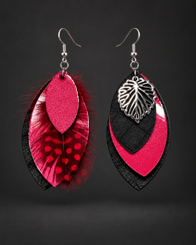 OCTOBRE ROSE-Rose Rebelle – Cuir vernis et plumes  – Boucles d’oreilles en cuir vernis et plumes.