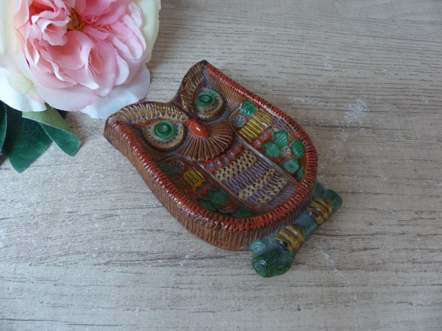 Figurine Hibou Vide-Poche / Cendrier Coloré – Céramique Espagnole Vintage – Ceramica Convento Jesus Maria Aracena - Déco Bureau ou Salon