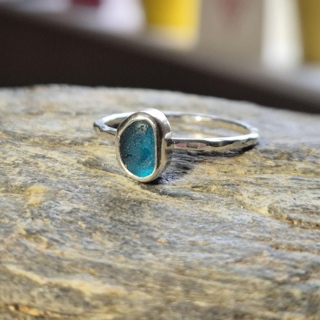 Size R Turquoise Sea Glass and Sterling Silver Ring 