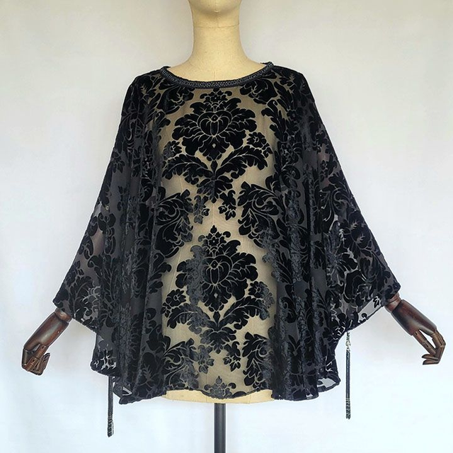 Tunique en Velours Dévoré de Soie - Motifs Floraux Noirs - Pièce Unique