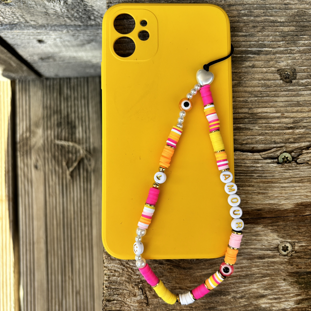 Grigri de téléphone Heishi rose &amp; jaune AMOUR - Taille S