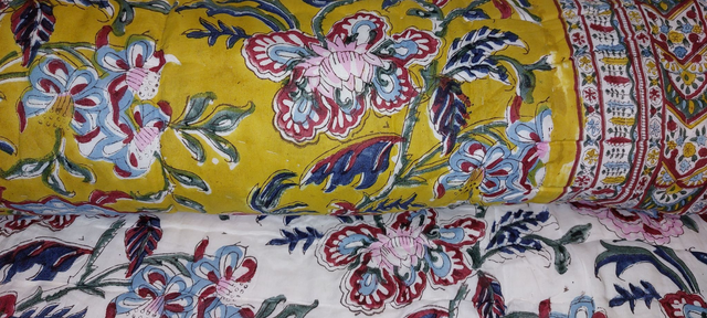 Édredon fait main en coton imprimé bloc - Plaid ou couvre-lit florale réversible pour lit simple - Jaune, rose, rouge, vert, blanc