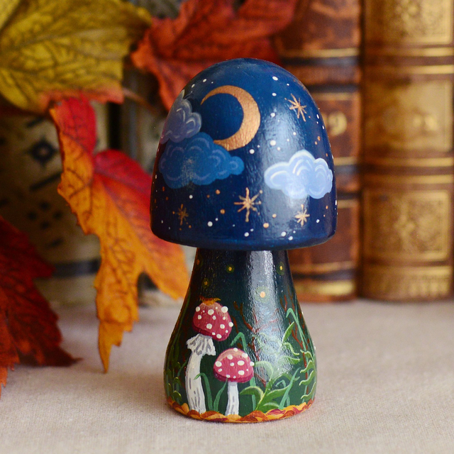 "Night Forest" Hand-Painted Wooden Mushroom