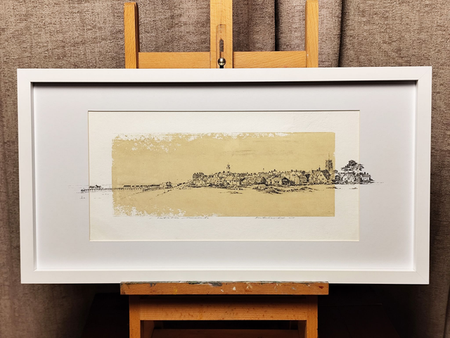 Southwold Sea wide View. Original art. Drawing, mix-media in frame under glass