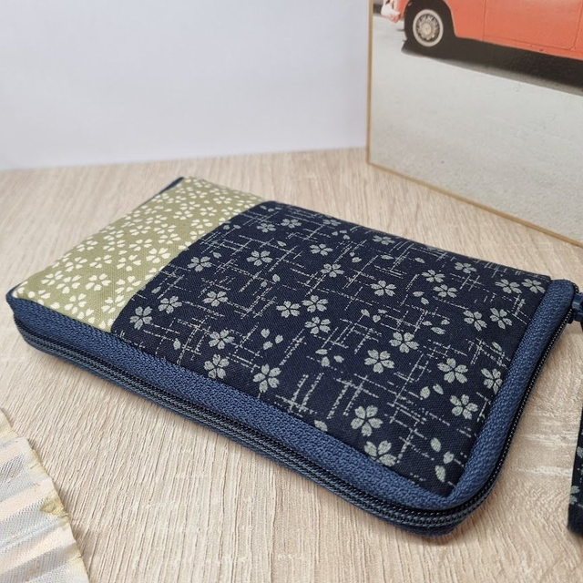 Portefeuille court zippé "Sakura" vert & bleu marine