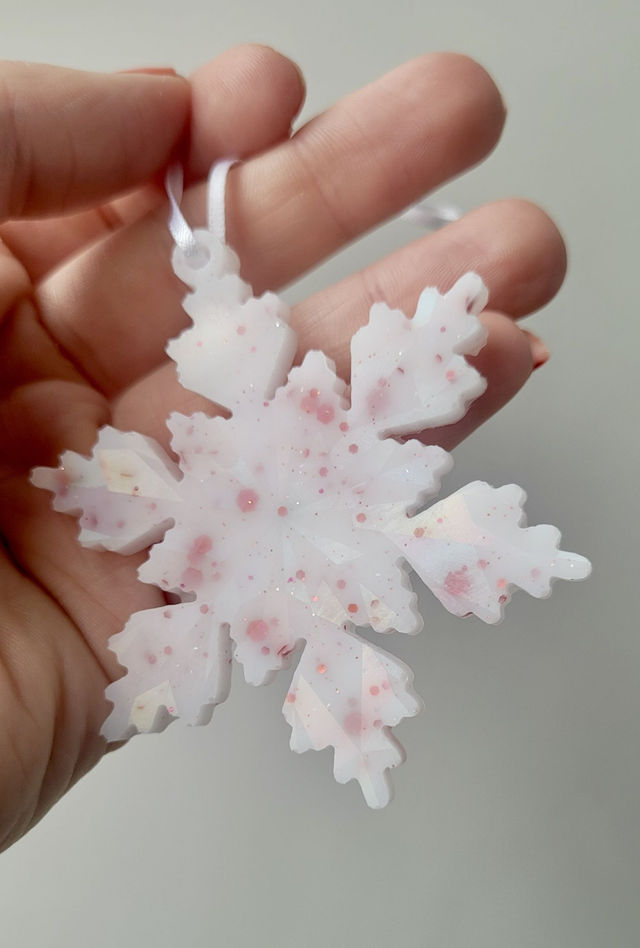 White & Red Snowflake Ornament – Handmade Resin Christmas Bauble
