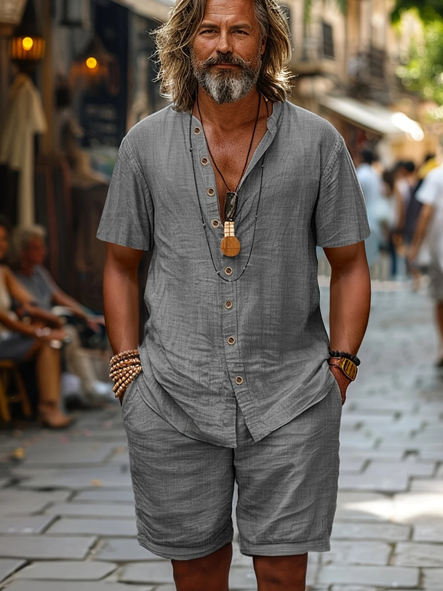 Men's Cardigan Short Sleeve Shirt and Shorts Set