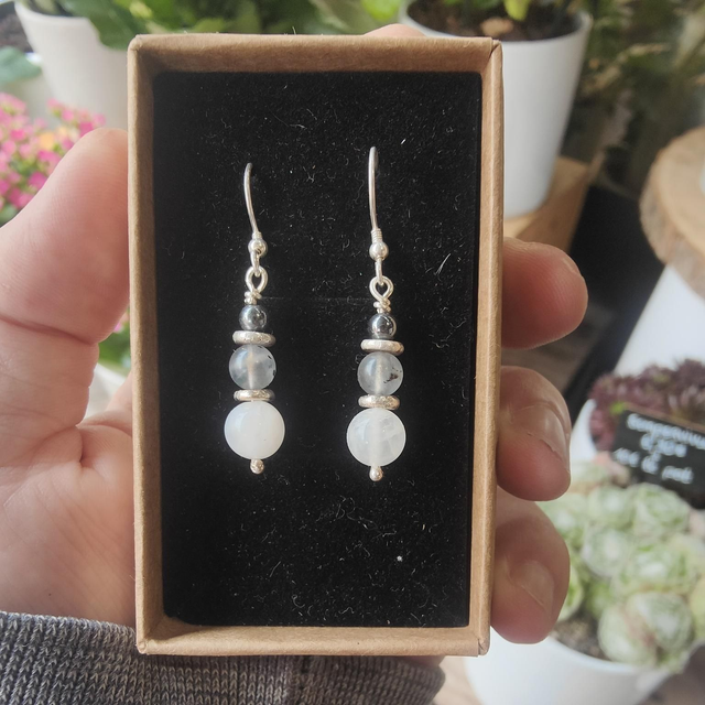 Boucles d&#039;oreilles &quot;Harmonie&quot; Triple : Hématite, Labradorite et Péristérite