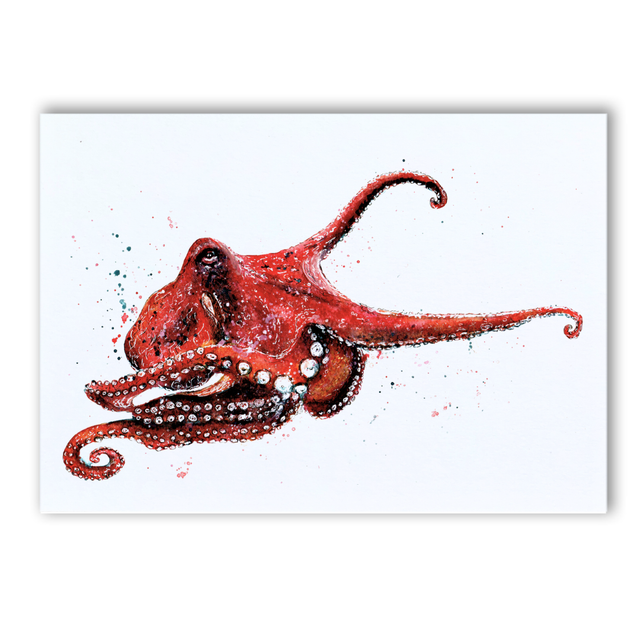 A4 Red octopus extending her tentacles watercolour print