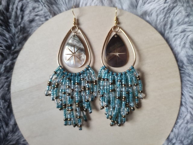 Boucles d&#039;oreilles bleues avec nacre et perles de rocailles